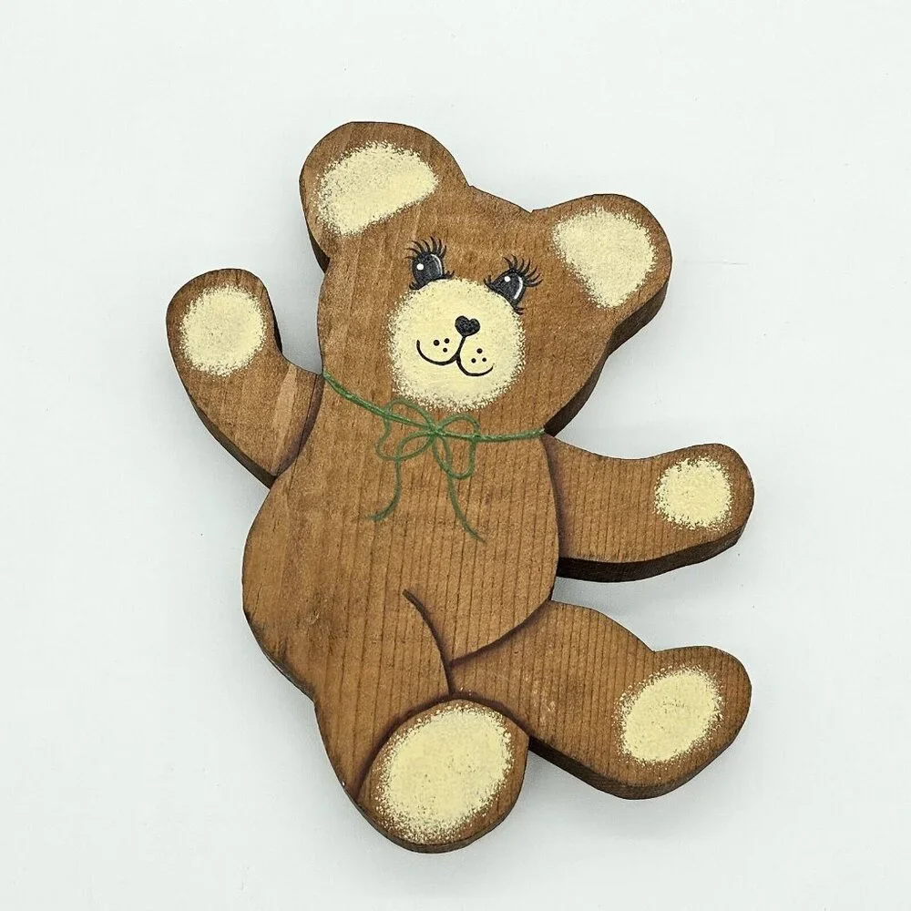 Vintage Handmade Wooden Country Teddy Bear Painted Shelf Sitters 80s Brown MCM
